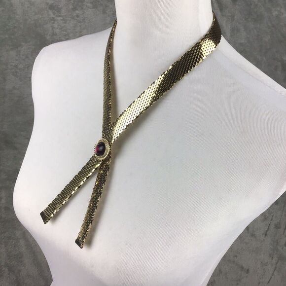 Vintage Goldtone Mesh Collar Necklace Pink Stone Center Snap Fashion Jewelry 28" - Picture 11 of 16